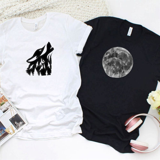 Wolf & Moon Animal Lovers' Matching Outfits Set For Couples, Couple T Shirts, Valentine T-Shirt, Valentine Day Gift