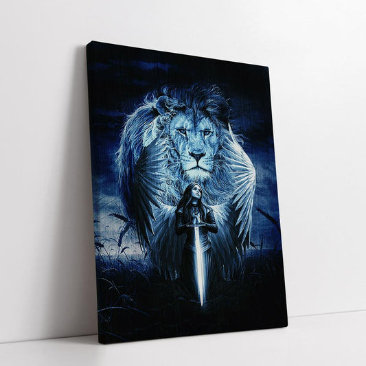 Woman Warrior Lion Of Judah Blue Night Canvas Print - Inspirational Gift - Christian Faith Wall Art Home Decor