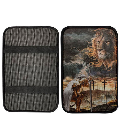 Women Warrior Kneel Before Lion Of Judah Car Center Console Cover, Christian Armrest Seat Cover, Religious Car Interior Accessories