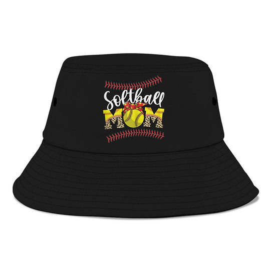 Womens Funny Softball Mom Mothers Day Leopard Baseball Stiches Bucket Hat, Mother's Day Bucket Hat, Sun Protection Hat For Women And Men