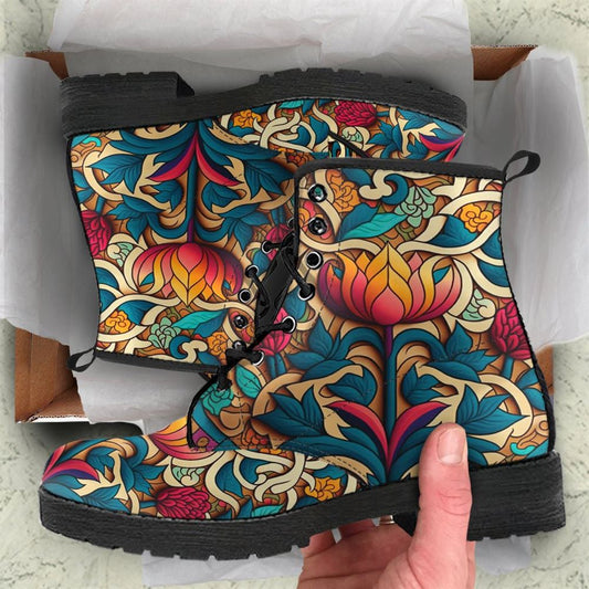 Wonderland Flower Leather Boots For Men And Women, Gift For Hippie Lovers, Hippie Boots, Lace Up Boots