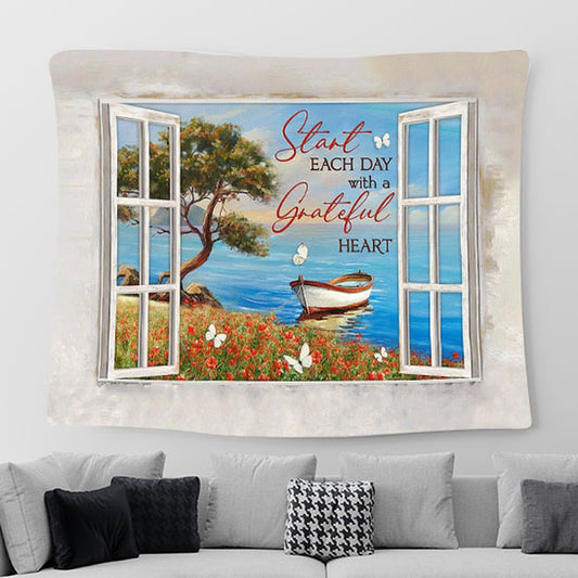 Wooden Boat Start Each Day With A Grateful Heart Tapestry Art - Bible Verse Wall Art - Tapestries For Room Decor Christian