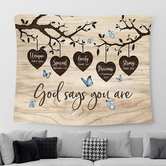 Wooden Heart Oldest Tree Blue Butterfly God Says You Are Unique Tapestry Art - Bible Verse Wall Art - Tapestries For Room Decor Christian