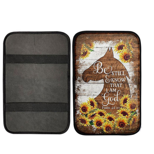 Wooden Horse Sunflower Be Still And Know That I Am God Car Center Console Cover, Christian Armrest Seat Cover, Bible Verse Car Interior Accessories