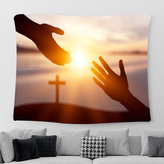 World Peace Day Concept Silhouette Jesus Reaching Out Hand Image Tapestry Pictures - Faith Art - Christian Tapestry Wall Art Decor