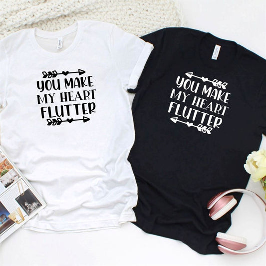 You Make My Heart Flutter Matching Outfits Set For Couples, Couple T Shirts, Valentine T-Shirt, Valentine Day Gift